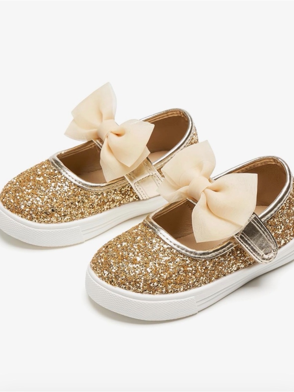6️⃣ Girls' Glitter Bow Mary Jane Dress Shoes in Gold
